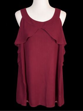London Times Woman 3X Burgundy Sleeveless Ruffle Blouse Tunic NWT